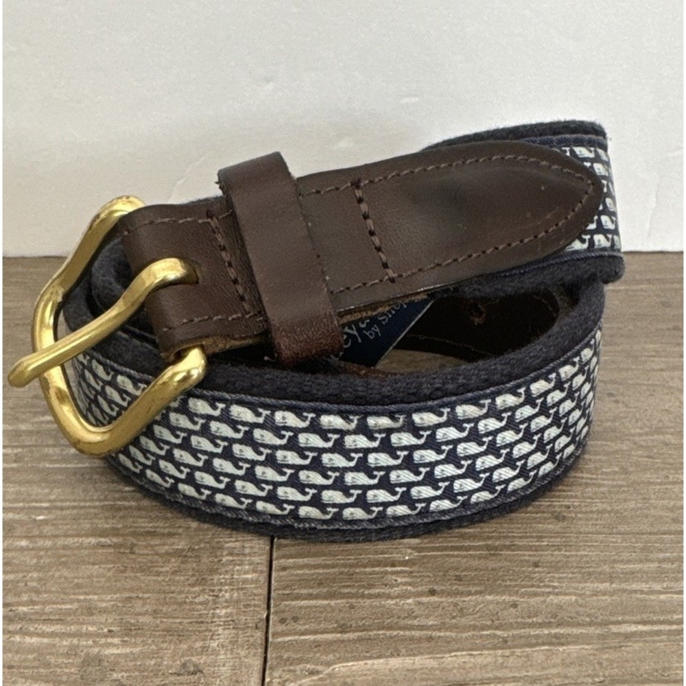 VINEYARD VINES Whale Print BELT Canvas Leather Brass Buckle size 28